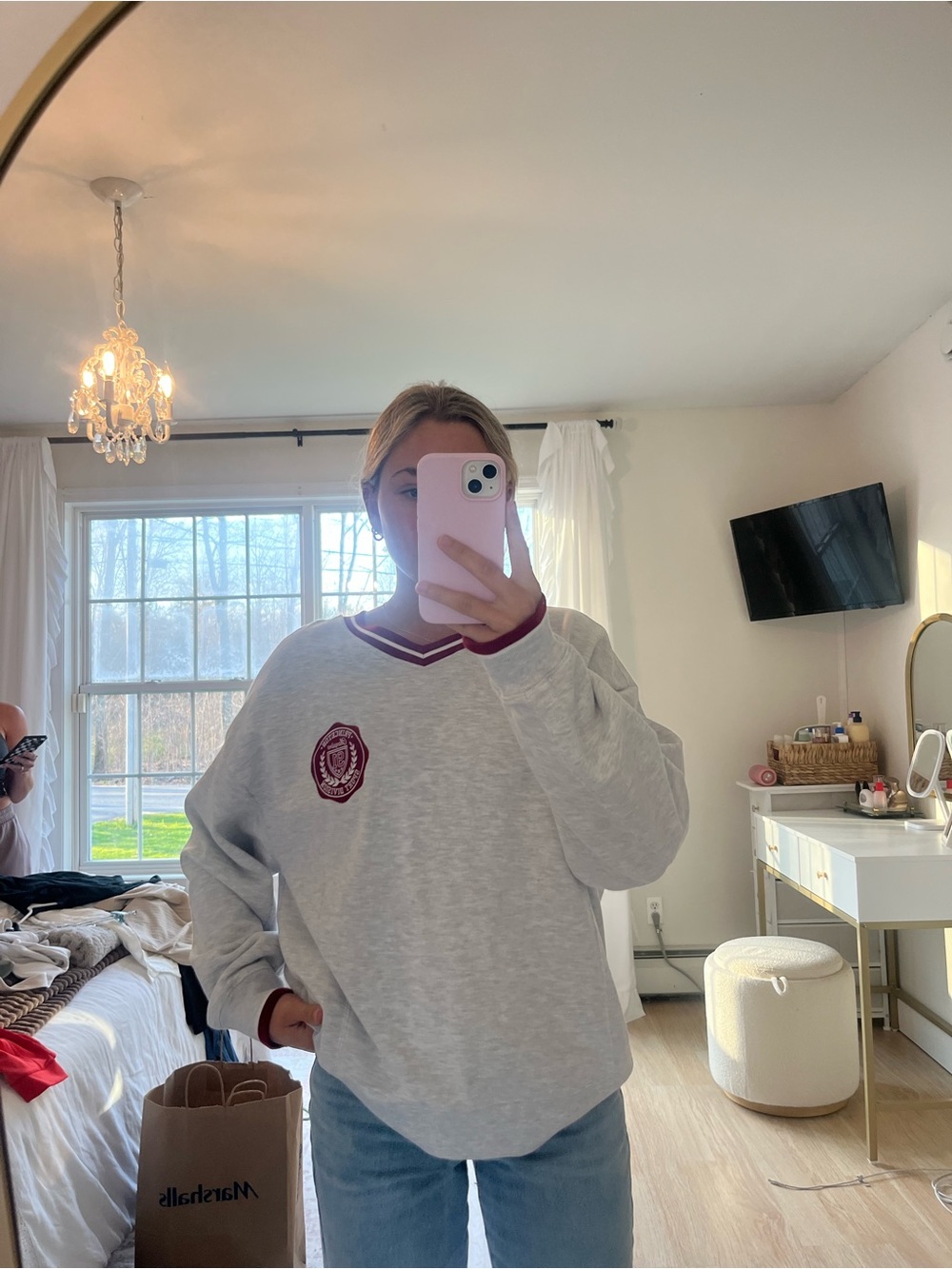 Garage Light Gray V-Neck Sweatshirt with Burgundy Trim